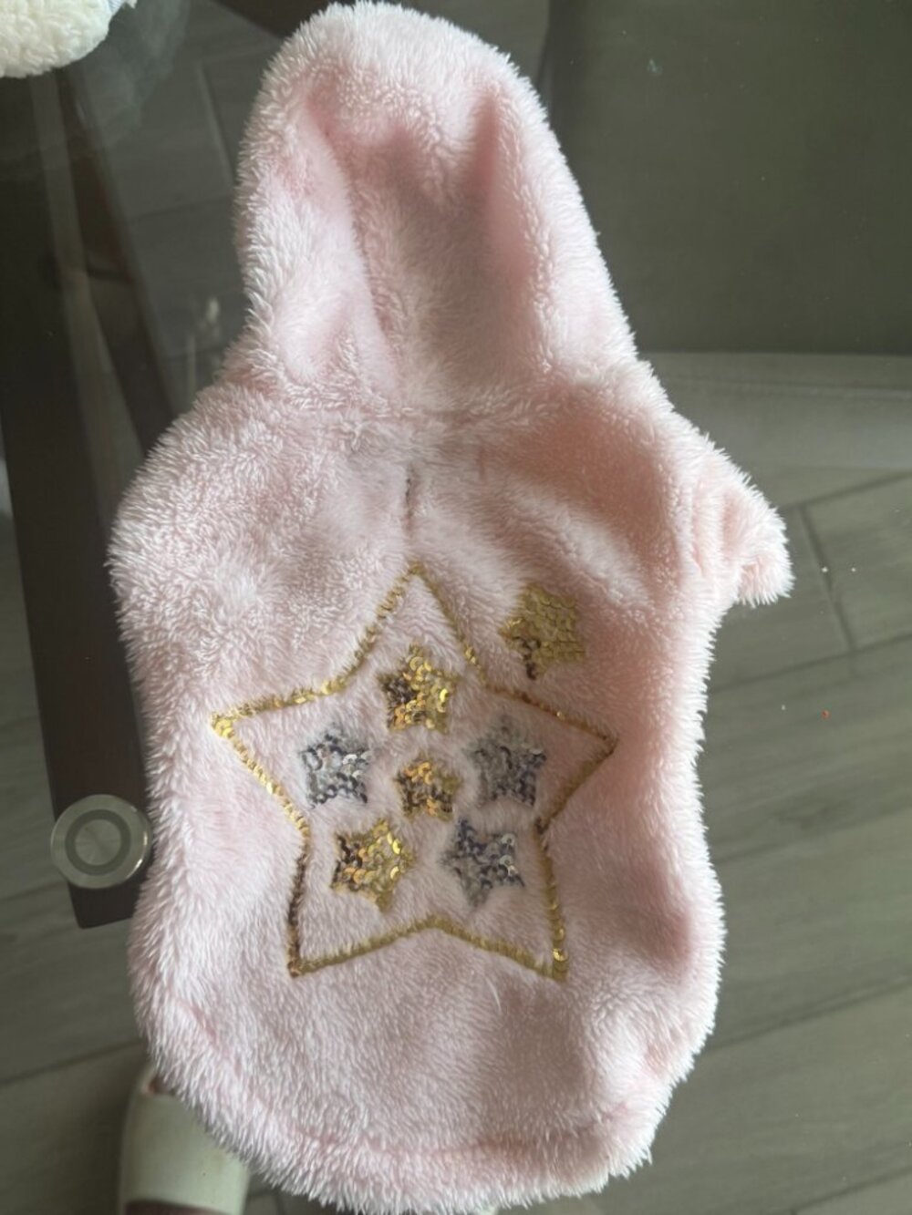 Cute Pink Fluffy Dog Hoodie with Gold Sequin Star - XS